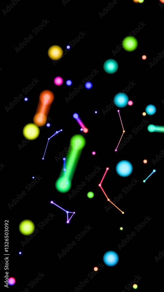 Aufkleber neon-colored dots, lines, and shapes floating across a black background, forming a vibrant, futurist