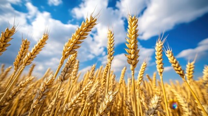 Fototapeta premium Lush golden wheat heads enjoy the sun under a vibrant blue sky with fluffy white clouds, symbolizing agriculture, growth, and the beauty and productivity of nature's gifts.