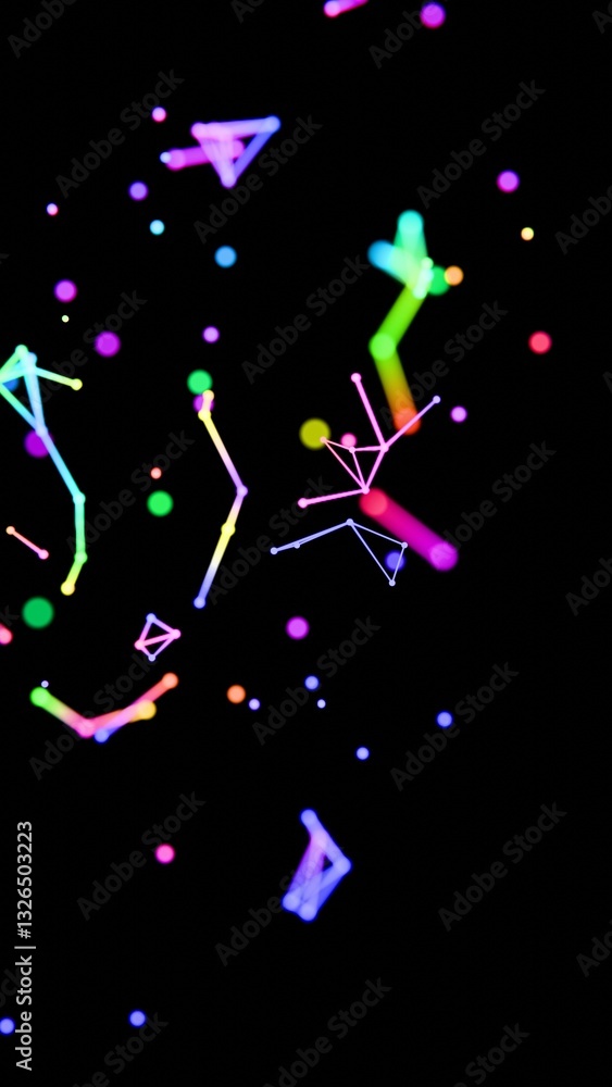 Aufkleber neon-colored dots, lines, and shapes floating across a black background, forming a vibrant, futurist
