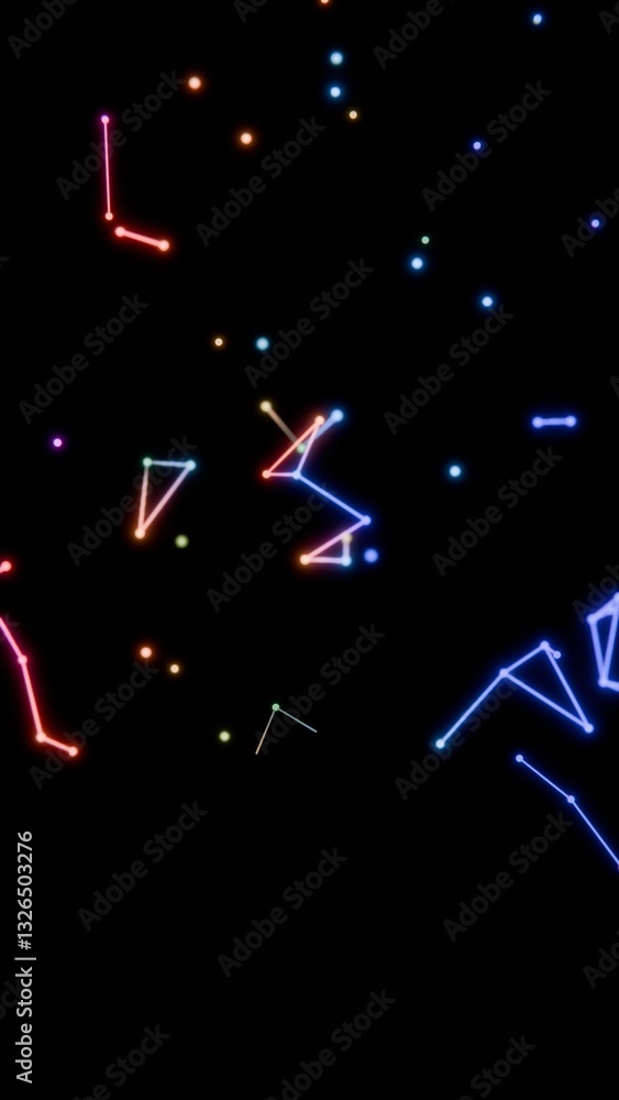 Aufkleber neon-colored dots, lines, and shapes floating across a black background, forming a vibrant, futurist