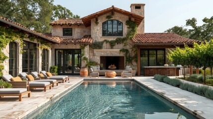 Fototapeta premium Rustic villa with wine themed pool and outdoor kitchen surrounded by vineyard landscape perfect for relaxation