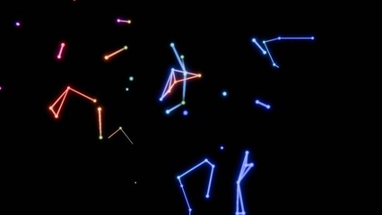 Neon-colored dots, lines, and shapes floating across a black background, forming a vibrant, futuristic scene with hints of cosmic geometry and minimalistic design........