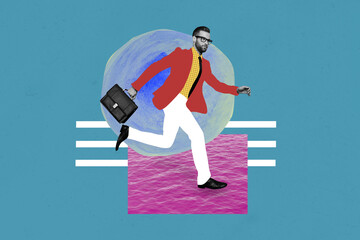 Trend artwork sketch montage 3D collage of young man run hand hold suitcase style suit employment...