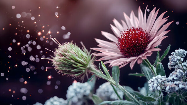 Delicate pink and red flowers with bokeh lights in the frame