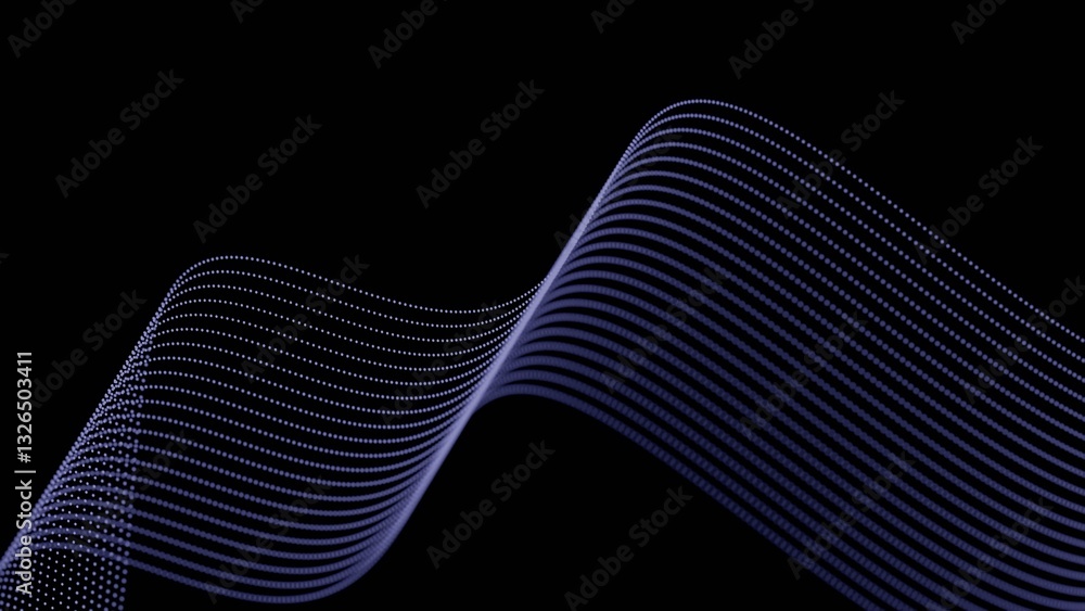 Poster Glowing dotted lines form a smooth, flowing wave on a black background, creating a modern, minimalistic, and dynamic abstract design........