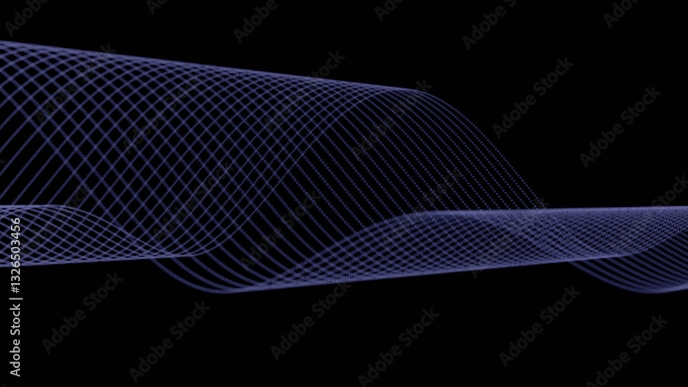 Poster Glowing dotted lines form a smooth, flowing wave on a black background, creating a modern, minimalistic, and dynamic abstract design........