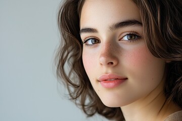 Fototapeta premium A woman with brown hair and a pinkish face