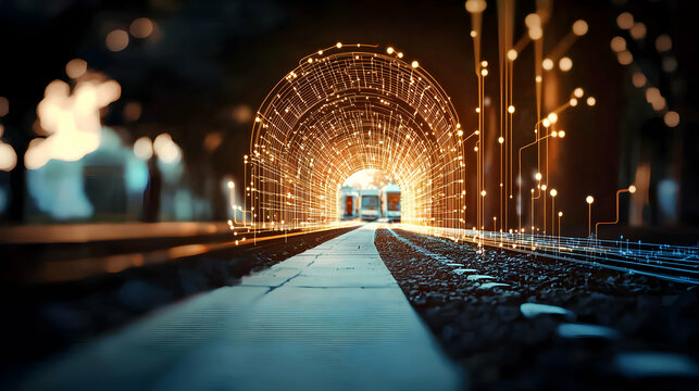Futuristic depiction of digital information surrounding a railway