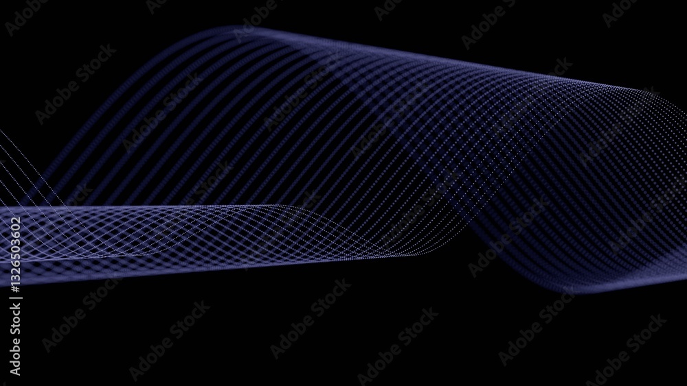 Poster Glowing dotted lines form a smooth, flowing wave on a black background, creating a modern, minimalistic, and dynamic abstract design........