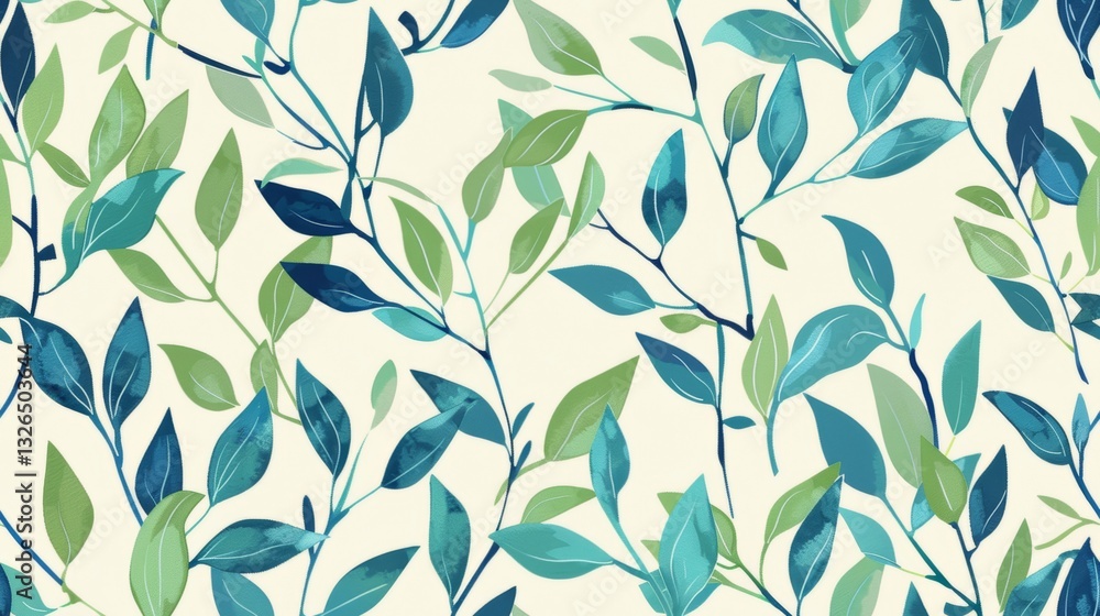 Poster seamless blue and green pattern with leaves and branches on a simple background