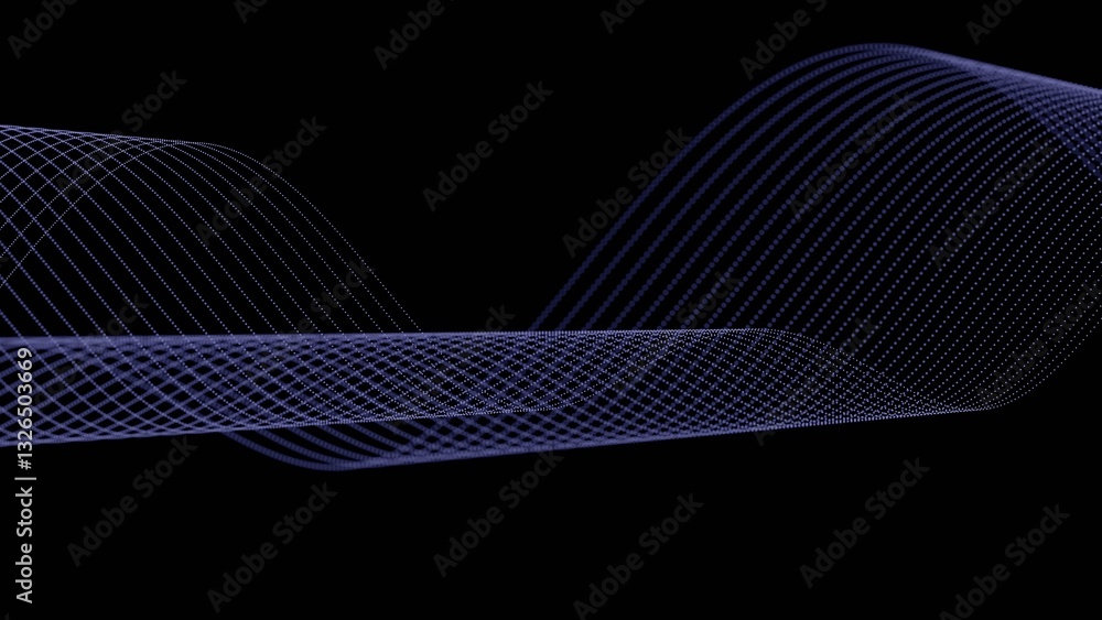 Poster Glowing dotted lines form a smooth, flowing wave on a black background, creating a modern, minimalistic, and dynamic abstract design........