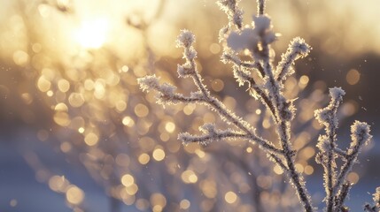 Frosted Branches Glittering in Winter Sunlight with Bokeh Effect