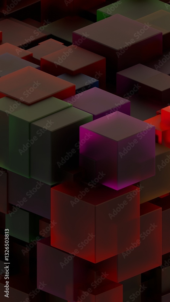 Fototapete Dark geometric composition of stacked translucent cubes with subtle neon hues, creating a moody and futuristic design with depth and color layering........