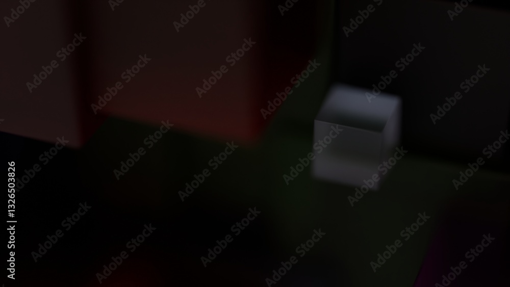 Poster Dark geometric composition of stacked translucent cubes with subtle neon hues, creating a moody and futuristic design with depth and color layering........