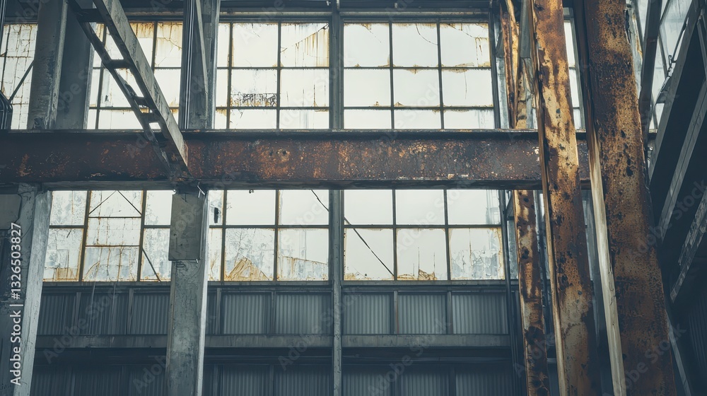 Poster detailed view of industrial structures with rusty elements and windows