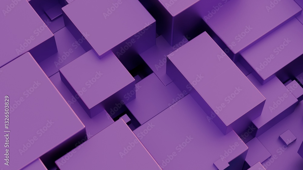 Poster Purple 3D cubes arranged in a minimal composition, forming a modern geometric pattern with clean lines and a sleek, architectural design.......