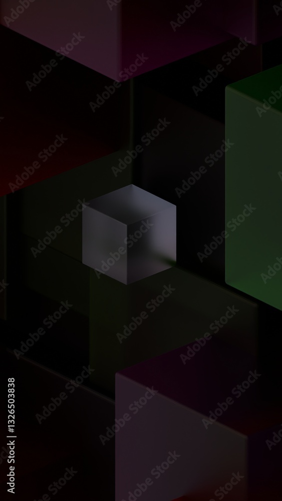 Fototapete Dark geometric composition of stacked translucent cubes with subtle neon hues, creating a moody and futuristic design with depth and color layering........