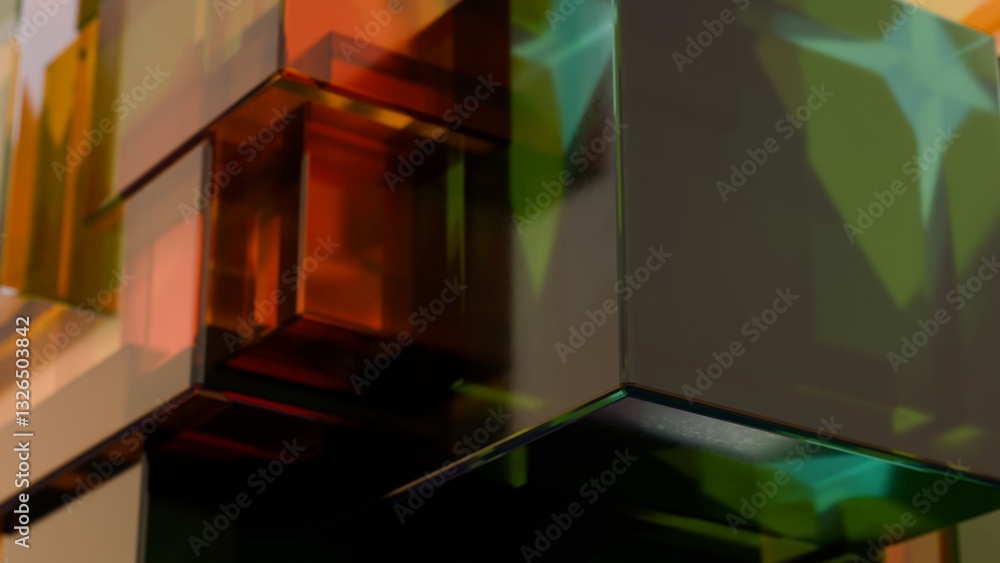 Fototapete Dark geometric composition of stacked translucent cubes with subtle neon hues, creating a moody and futuristic design with depth and color layering........