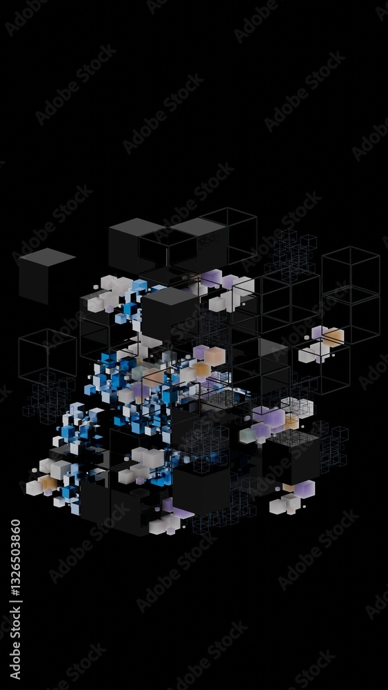 Poster complex arrangement of black, wireframe, and colored cubes forming a floating 3d structure on a blac