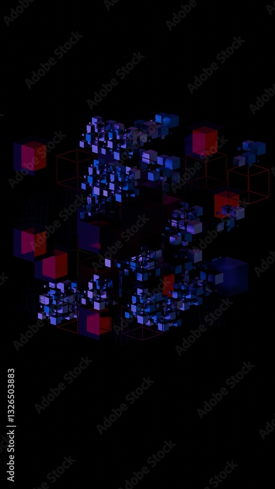 Aufkleber complex arrangement of black, wireframe, and colored cubes forming a floating 3d structure on a blac