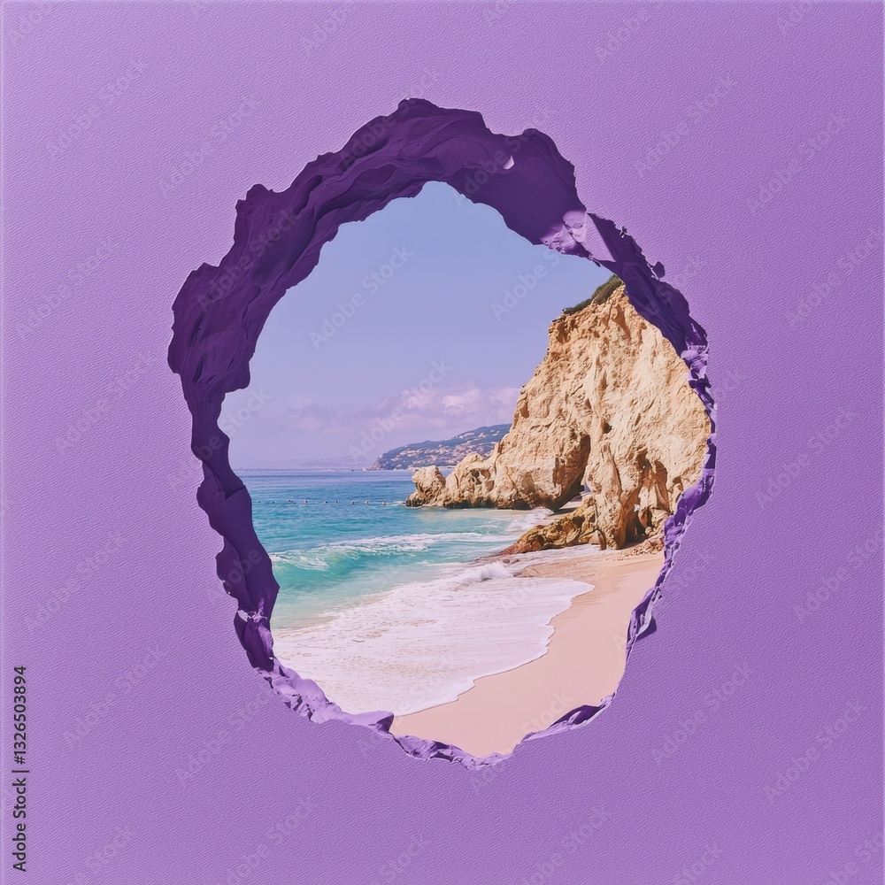 Poster serene beach scene with a simple round hole in a violet background
