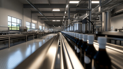 A modern milk processing plant with rows of conveyor belts transporting milk bottles through quality control checkpoints, ensuring freshness and consistency.
