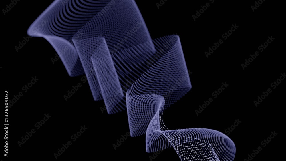 Poster Flowing dotted lines forming twisting wave patterns on a black background, creating a dynamic, futuristic, and minimal abstract design........