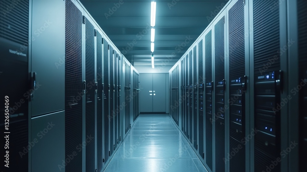 Poster a dimly lit corridor lined with sleek server racks, showcasing a modern data center designed for hig