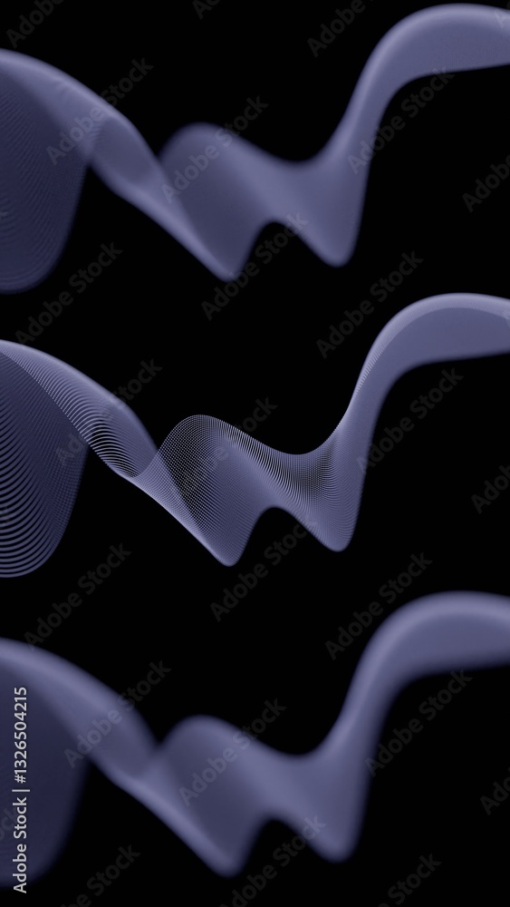 Poster Flowing dotted lines forming twisting wave patterns on a black background, creating a dynamic, futuristic, and minimal abstract design........