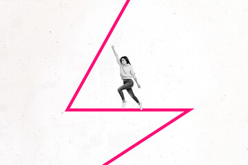 Contemporary art banner collage of serious businesswoman fly superhero pose graph statistics...
