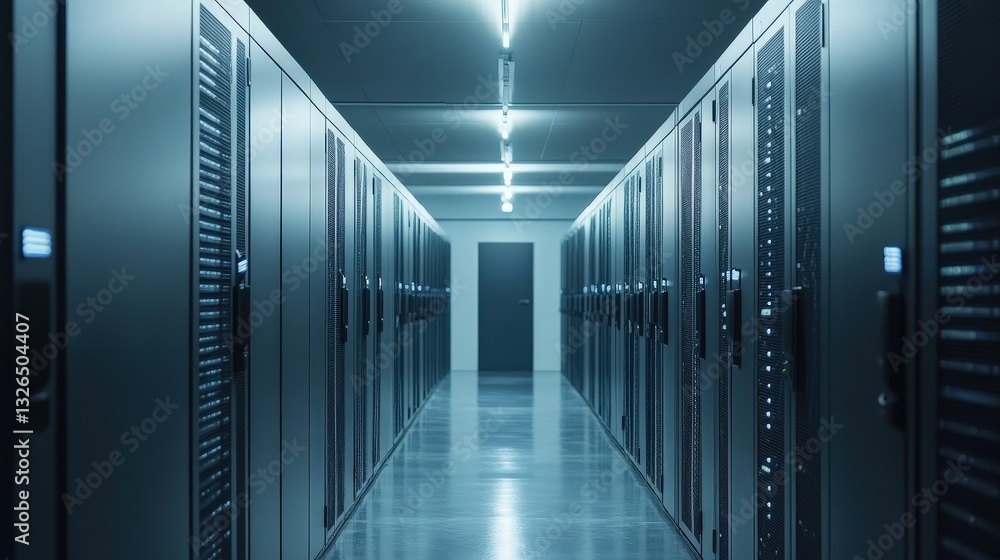 Poster a dimly lit corridor lined with server racks, showcasing a modern data center environment focused on