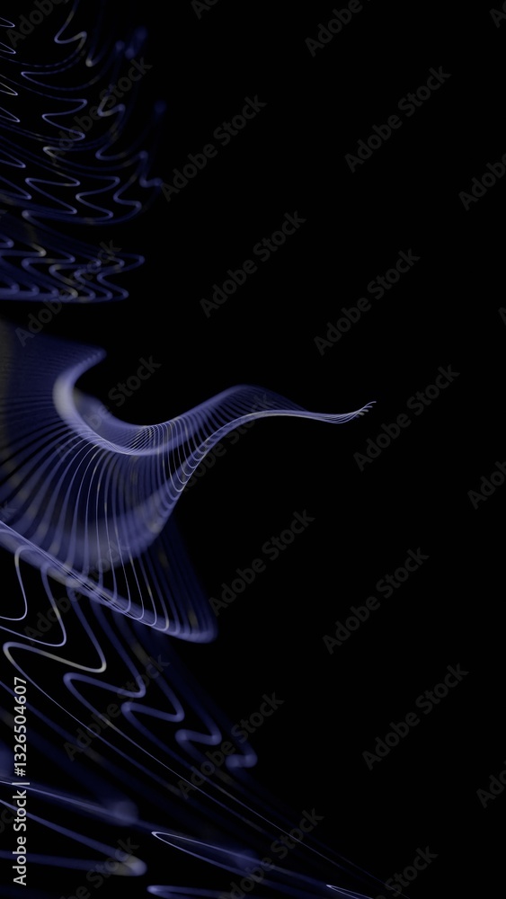 Poster Curved glowing lines forming a fluid wave pattern on a black background, creating a minimal and futuristic abstract design........