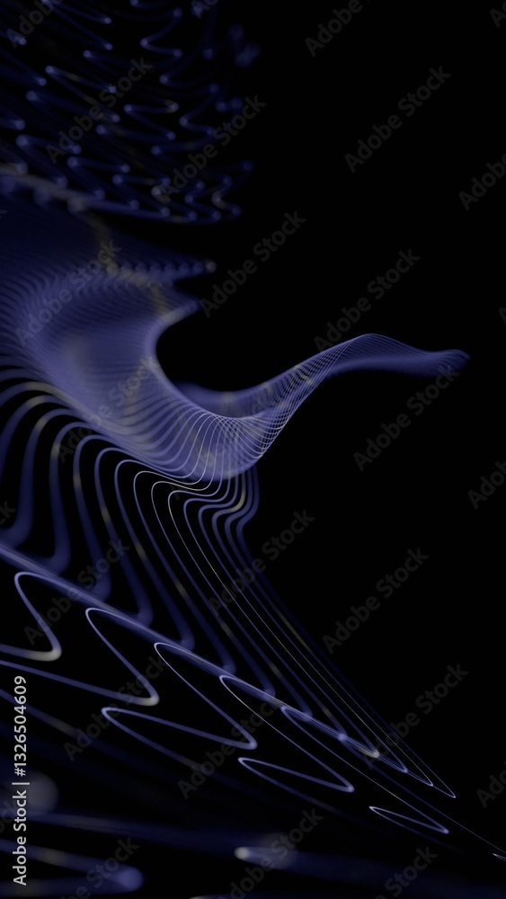 Poster Curved glowing lines forming a fluid wave pattern on a black background, creating a minimal and futuristic abstract design........