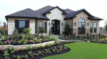 Elegant Middle-Class Home in Texas with Manicured Lawn and Traditional Architecture, Showcasing Luxury Living and Professional Landscaping Services.