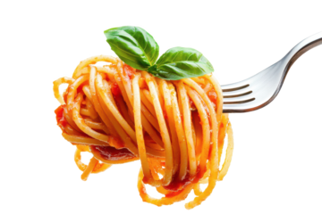 A fork holding spaghetti with tomato sauce and basil against a white background in a close up shot