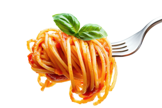A fork holding spaghetti with tomato sauce and basil against a white background in a close up shot