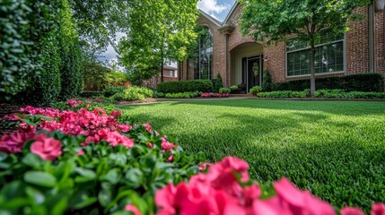 Fototapeta premium Elegant Middle-Class Home in Texas with Manicured Lawn and Traditional Architecture, Showcasing Luxury Living and Professional Landscaping Services.