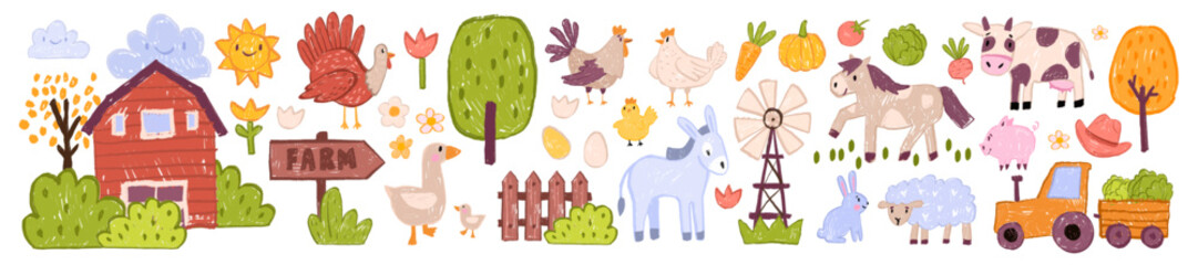 Farm animal kids doodle, village nature childish scribble hand drawn set, cute vector cartoon donkey. Wax crayon texture barn house, green tree bush, tractor, baby chicken, little rabbit. Farm animal © Oleksandra
