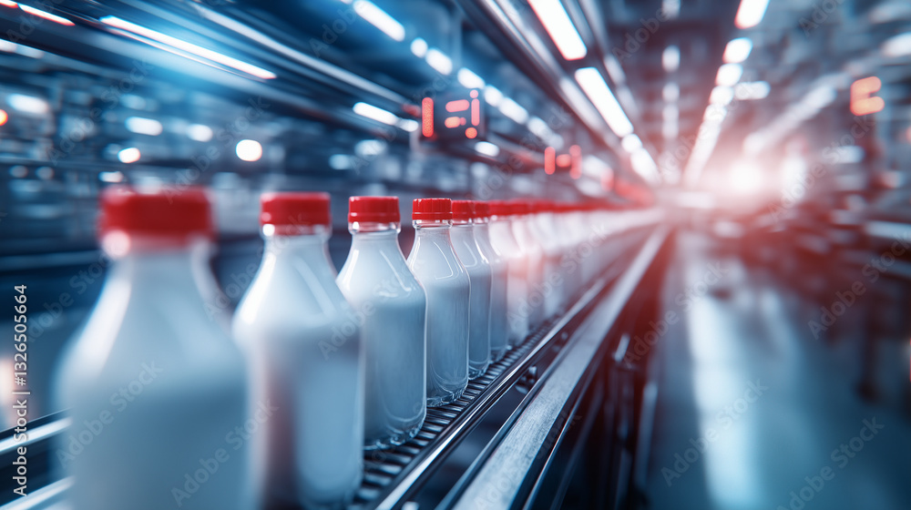 Poster a dynamic scene of a high-speed conveyor system transporting milk bottles past laser-equipped qualit