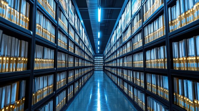 A long corridor lined with shelves filled with organized files, illuminated by blue lights, creating a modern archival atmosphere.