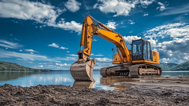 A vibrant yellow excavator by lake dida under a blue sky with white clouds  a stunning scene