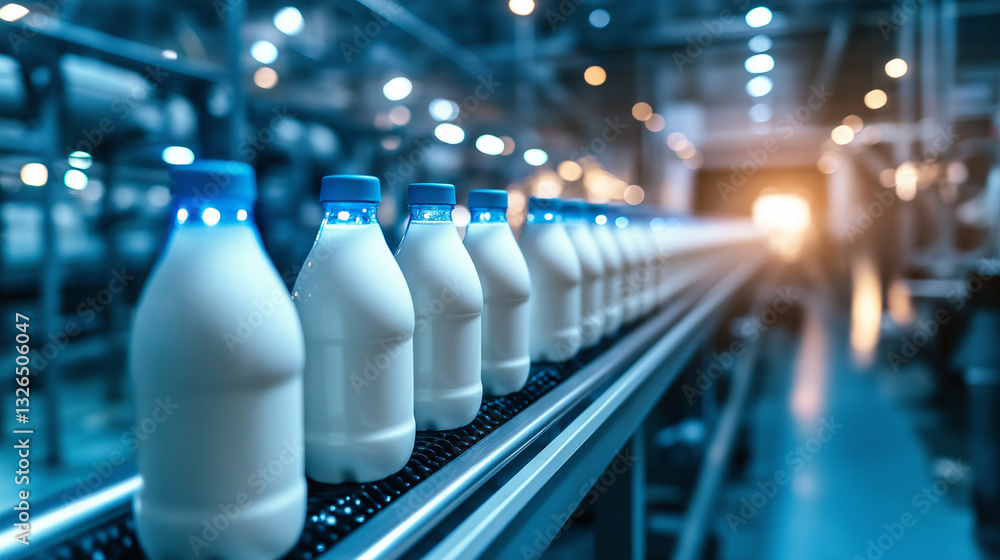 Poster a smart factory where sensors scan milk bottles as they travel down a conveyor, ensuring quality con