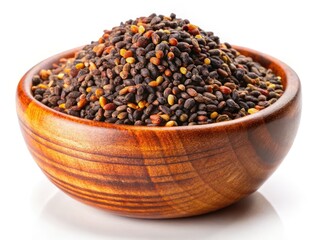 Detailed macro photography of Guizotia abyssinica (Niger seeds) in a wooden bowl.  Pure white background. Birdseed.