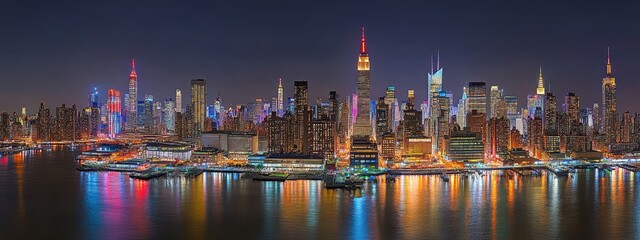 Fototapeta premium Panoramic Night View of New York City Skyline with Vibrant Lights and Reflections. Hyper-Realistic Manhattan Scene for Travel, Real Estate, and Business Marketing.