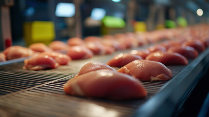A sanitized meat processing facility where raw chicken fillets travel on a conveyor belt toward a high-tech packaging station, emphasizing hygiene and efficiency.