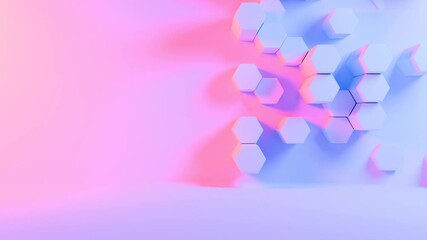 Hexagonal 3D blocks in pastel pink and blue, arranged on a minimal background, forming a modern abstract composition with soft lighting and a clean design.
