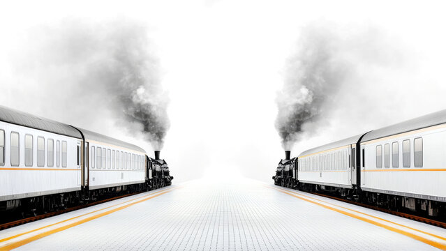 Two steam trains approaching on parallel tracks with white sky background