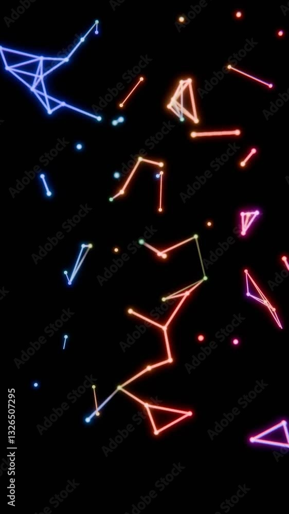 Fototapete neon-colored dots, lines, and shapes floating across a black background, forming a vibrant, futurist