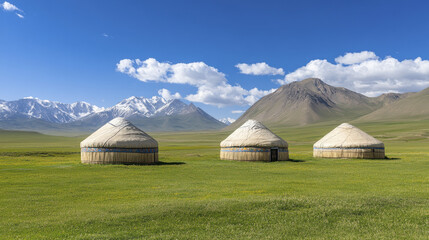 panoramic view of traditional yurts in vast green landscape, surrounded by majestic mountains and clear blue sky, evokes sense of tranquility and connection to nature