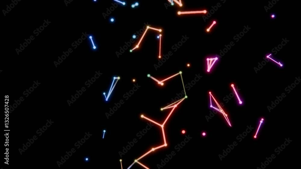 Poster neon-colored dots, lines, and shapes floating across a black background, forming a vibrant, futurist